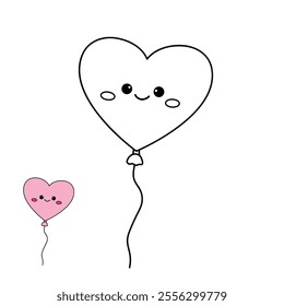 Heart balloon valentine. Heart balloon coloring page. Valentine theme coloring page. Heart balloon clipart illustration. Valentine day cute greeting elements for card, poster, flyers, invitation.