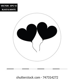 Heart balloons black and white flat icon. Vector Illustration.