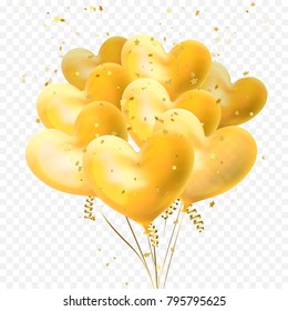 Heart balloons bunch and golden glitter stars confetti isolated on transparent background for Birthday party, Valentines Day baloon decoration design. Vector helium heart yellow ballons bundle