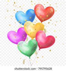 Heart balloons bunch and golden glitter stars confetti isolated on transparent background for Birthday party, Valentines Day or wedding decoration design. Vector helium heart colorful ballons bundle