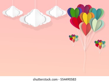 heart balloons with cloud , paper art , blank space for text