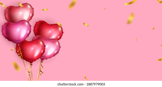 Heart balloons with confetti holiday design template. Happy Valentines Day concept. Celebration background. Vector illustration.