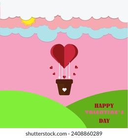 heart balloons floating in the sky in the green meadow happy valentine's day paper cut style.	