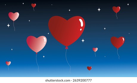 Heart Balloons Floating Through Night Sky