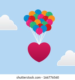 Heart with balloons floating through the sky 