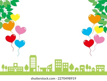 Heart balloons flying cityscape background, vector illustration