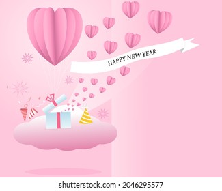 Heart Balloons Flying With Cloud.New year card.Celebration concept design