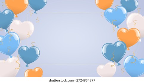 Marco de globos de corazón con confeti sobre fondo pastel. Anuncio festivo.
