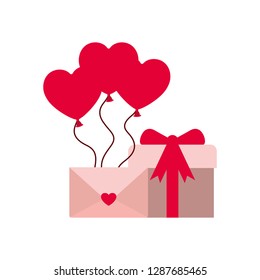 heart balloons with gift box isolated icon