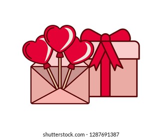 heart balloons with gift box isolated icon
