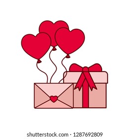 heart balloons with gift box isolated icon