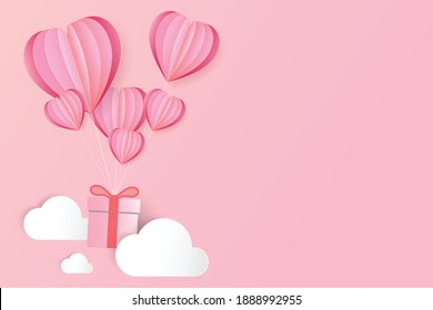 Heart balloons and gift boxes among the clouds, Valentine's Day background, love banner. Paper cut style, vector illustration