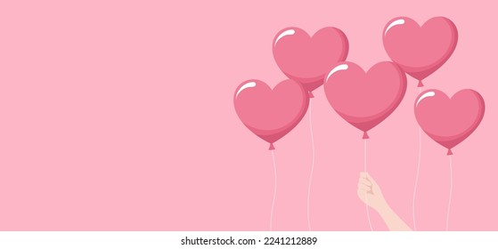 Heart balloons and a hand holding one on a pink background, copy space. Flat vector illustration