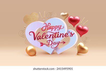 Heart and balloons of Happy Valentines Day, greeting card from February 14. Vector illustration.