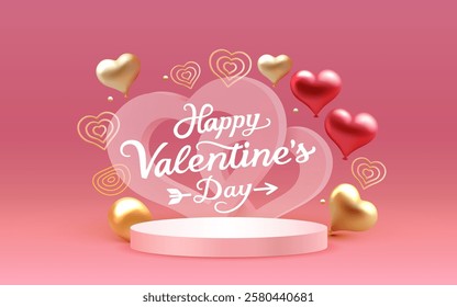 Heart and balloons of Happy Valentines Day, greeting card from February 14. Vector illustration.