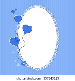heart balloons on blue light background framed with lace