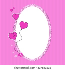 heart balloons on pink background framed with lace