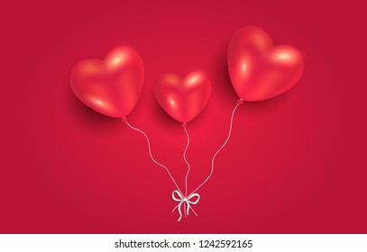 Heart balloons on red background, greeting card to happy Valentine's Day for love vector