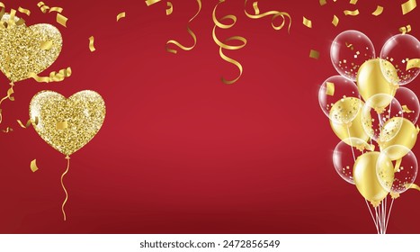  heart balloons on tbackground Colorful three dimensional shiny helium balloons Valentine Day and balloons Happy birthday vector Celebration party banner foil confetti