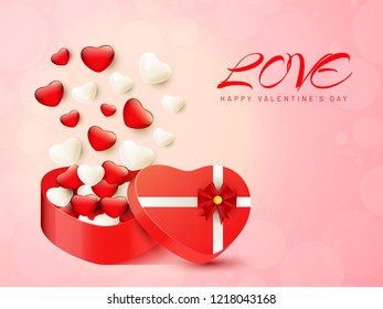 Heart balloons popping out from a gift box on abstract pink background for Happy Valentine's Day celebration.