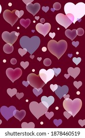 Heart and balloons seamless festive pattern. Valentine's Day bright burgundy blue pink background for printing onto paper, wallpaper, cover, web