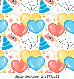 Globos de corazón patrón sin fisuras. Globos de aire para fiestas de cumpleaños, celebrar el aniversario, bodas y decoraciones de temporada festiva. Ilustración de globo de Vector de helio.