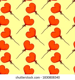 Heart balloons, seamless pattern on yellow background.
