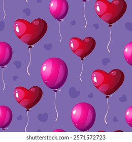 Heart balloons Seamless vector pattern. Valentine's day illustration. Cartoon festive decorations. Red and pink balloons on a purple background