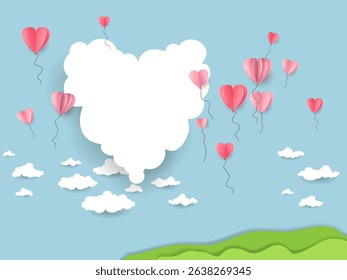 Heart balloons in a sky. Paper cut and craft style. Vector romantic illustration for making invitations, greetings, advertisements, posters, announcements and so on