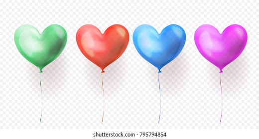 Heart balloons transparent set of isolated glossy ballons for Valentines Day, wedding or birthday greeting card design. Vector heart helium balloon green, blue, red and purple party decorations