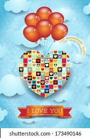 Heart and balloons, Valentine card. Vector 