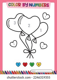 Heart balloons. Valentine's day. Color by number for kids. Educational games. Activity book. Printable.