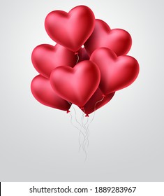 Heart balloons vector concept design. Valentines day with bunch of  red heart balloon elements flying in white background. Vector illustration.
