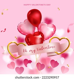Heart Balloons Vector Concept Design. Be My Valentine Text In Ribbon Lasso With Balloon Bunch And Paper Cut Hearts Elements For Valentine's Day. Vector Illustration.

