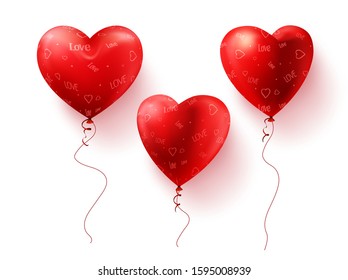 Heart balloons vector element set. Red hearts balloon for valentines elements flying and floating isolated in white background. Vector illustration.