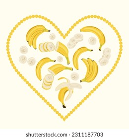 Heart with bananas inside. Bananas whole, peeled and sliced. Vector illustration. Suitable for print, social media and backdrops.
