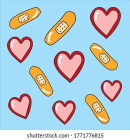 Heart And Band Aid Hand Draw Vector Illustration Pattern