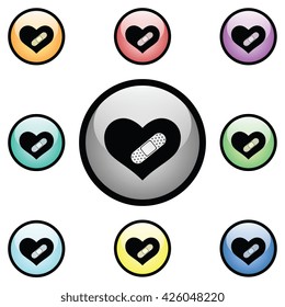 Heart with Bandage Icon Glass Button Icon Set