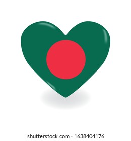 Heart with Bangladesh flag on a white background casts a shadow, vector