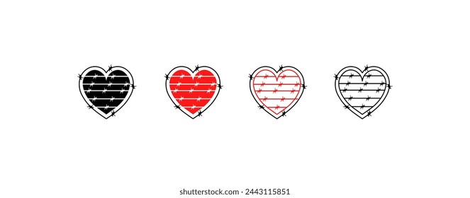 Heart with barbed wire. Prickly hearts set. Silhouette, flat and linear style