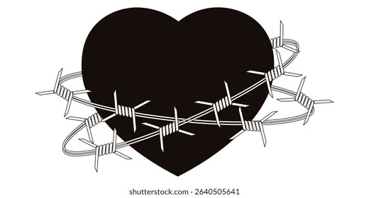 Heart in barbed wire. Vector illustration of black heart with barbed wire isolated transparent background. Perfect tattoo template design. Love is pain concept. EPS 10