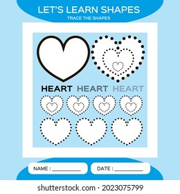 Heart. Basic geometric shapes. Elements for children. Learn Shapes. Handwriting practice. Trace and write. Educational children game. Kids activity printable sheet. Blue Background