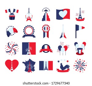 heart and bastille day icon set over white background, flat style, vector illustration