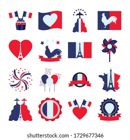 heart and bastille day icon set over white background, flat style, vector illustration