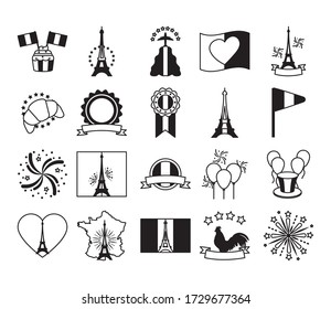 heart and bastille day icon set over white background, line style, vector illustration