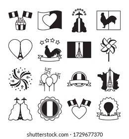 heart and bastille day icon set over white background, line style, vector illustration