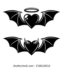Heart with bat wings angelic and demonic styles vector black tattoo illustration isolated on white background