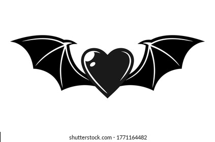 Heart with bat wings vector tattoo style black illustration isolated on white background