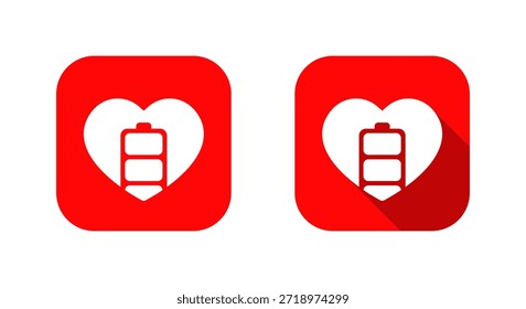 Icono de la batería del corazón con la sombra larga. Poder del amor, símbolo de la energía de la vida en cuadrado rojo
