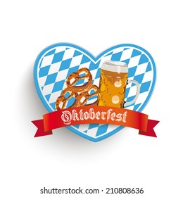 Heart in bavarian colors with beer and pretzels on the white background. Eps 10 vector file.